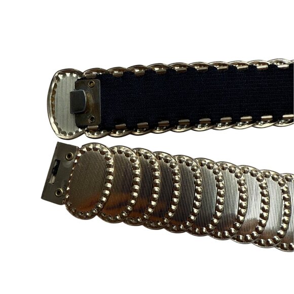 Vintage Gold-Tone Elastic Stretch Waist Belt With Embossed Oval Panels - Picture 2 of 7